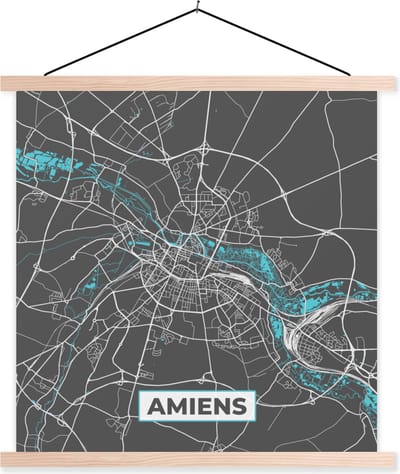 Posterhanger incl. Poster 40x40 cm - Schoolplaat - Frankrijk - Kaart - Stadskaart - Kaart - Plattegrond - Amiens - Textielposter - Blanke latten - Stadskaart