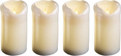 Set van 4 grote LED-pilaarkaarsen - echte waskaars met een bewegende vlam die flikkert - timerfunctie voor 6 uur. Warm wit licht. 7,5 cm diameter en 15 cm hoogte - 2 AA-batterijen vereist.