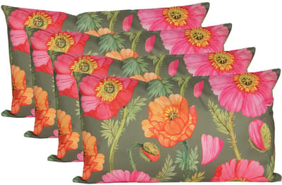 Anna's Collection Sierkussen voor binnen en buiten - 4x - klaprozen bloemen - groen/roze - 30 x 50 cm - tuinkussens