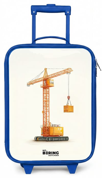 NoBoringSuitcases.com® - Kinderkoffer blauw - Kindertrolley jongen - Torenkraan - Getekend - Oranje - Koffer kind lichtgewicht - Reiskoffer trolley voor kinderen - Koffertje met lichtgevende wieltjes - Rolkoffer