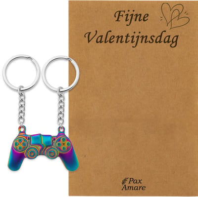 Koppel Sleutelhanger voor 2 'Fijne Valentijnsdag' - Magnetische Controller - Sleutelhanger set op Cadeau Kaartje - Zilverkleurig met Regenboog effect - Vriendschap of Relatie Symbool - Pax Amare