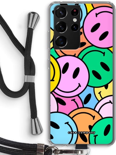 Case Company® - Hoesje met koord geschikt voor Samsung Galaxy S21 Ultra hoesje met Koord - Smiley N°1 - Telefoonhoesje met Zwart Koord - Bescherming aan alle Kanten en Over de Schermrand