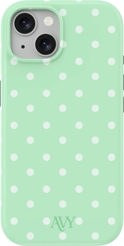 AVY Hoesje geschikt voor Apple iPhone 15 | Mint Breeze | Polka Dots | Matcha & Wit | Hard Shell Back Cover | Compatibel met MagSafe & Qi2