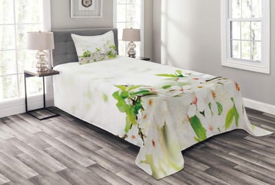 ABAKUHAUS Bloemen bedsprei-set – 170x220 cm – Wit en Groen – Voorkant bedrukt