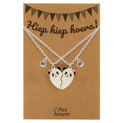 BFF Ketting voor 2 'Hiep Hiep Hoera' - Magnetisch Hartje Panda's - Vriendschapsketting op Cadeau Kaartje - 45cm + 5cm verstelbaar - Zilverkleurig - Verjaardags Hanger - Pax Amare