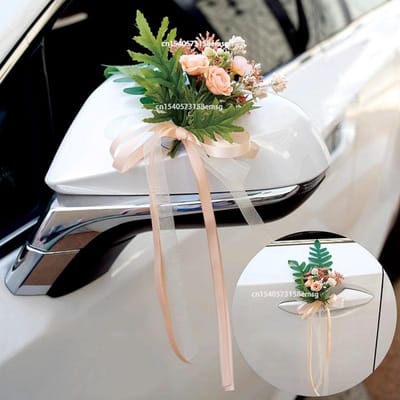 4 STKS Kunstbloem Decoratie Buiten Auto Spiegel Deur Romantisch Bloemen Bruiloft Decor Lint Nepbloem Decoratie Benodigdheden