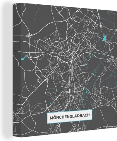 Canvas Schilderij Plattegrond – Mönchengladbach – Blauw – Stadskaart – Kaart - Duitsland - 20x20 cm - Wanddecoratie