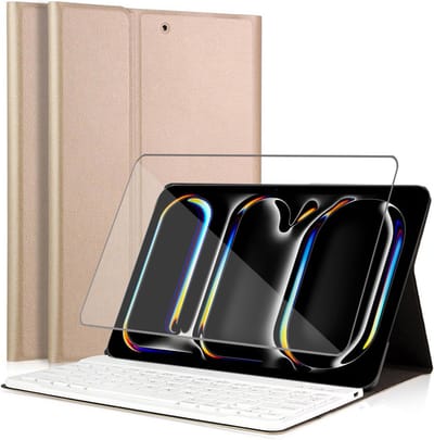 Hoes met toetsenbord geschikt voor iPad Pro 11 inch 2024 - Screen Protector GlassGuard - Keyboard Book Case Cover Hoesje Goud & Screenprotector