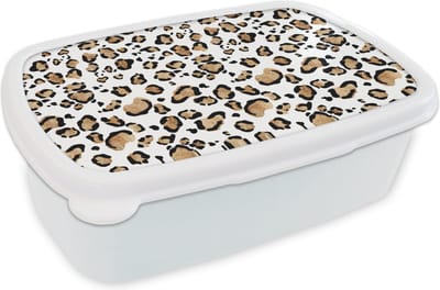 Broodtrommel Wit - Lunchbox Panterprint - Bruin - Patronen - Brooddoos 18x12x6 cm - Brood lunch box - Broodtrommels voor kinderen en volwassenen