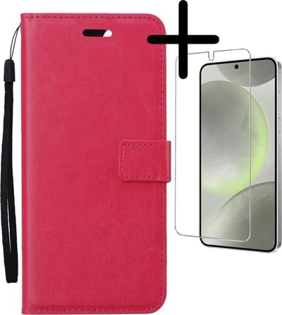Hoesje Met Screenprotector - Geschikt voor Samsung Galaxy S24 Plus - Luxe Pasjeshouder - Bookcase Portemonee - Flip Case - Kunstleer Book Case - Flipcase - Book Cover - Walletcase - Portemonneehoes - Donkerroze