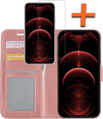Hoes - Met Screenprotector - Geschikt voor Apple iPhone 14 - Luxe Pasjeshouder - Bookcase Portemonee - Flip Case - Kunstleer Book Case - Flipcase - Book Cover - Walletcase - PortemonneeHoes - Rosé goud