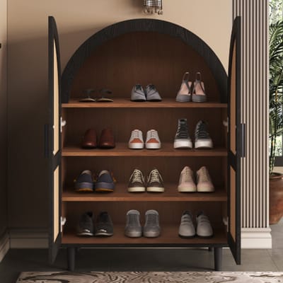 Elegant dressoir / schoenenkast 70x40x100 cm – afgeronde zijkanten, rattan deuren met open ontwerp, 3 planken