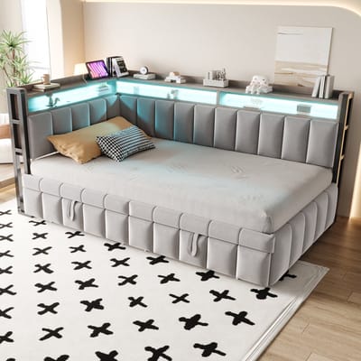 Wishdor Slaapbank 90/180x200 cm - Uitschuifbed, led & USB-C - Fluweel - Grijs - Luxe logeeroplossing met sfeer en gemak