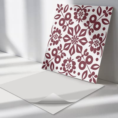 Wallfluent Vinyl Tegels - Bloemenpatroon met Bladeren Zelfklevende PVC Tegels - 30 cm x 30 cm - Claret Vinyl Tegels - Verpakking van 9 stuks - Vierkant PVC Tegels - Bloemen en Planten Plaktegels - Vinyl Vloer Tegels - Plaktegels Keuken en Badkamer