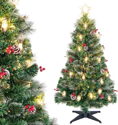 COSTWAY Kunstkerstboom met verlichting, dennenboom met warmwitte leds, glasvezel en stervormige punt, 8 modi, kerstboom met dennenappels, petroleumlampen en rode bessen, groen + wit (150 cm)