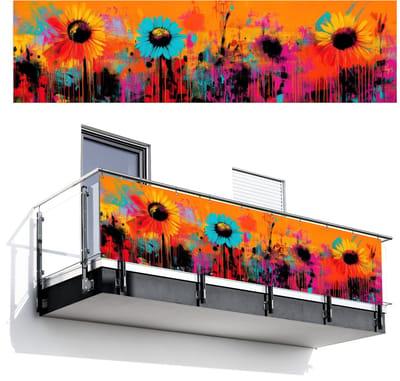 Balkonscherm 300x80 cm - Balkonposter Zonnebloemen - Abstract - Oranje - Balkon scherm decoratie - Balkonschermen - Balkondoek zonnescherm
