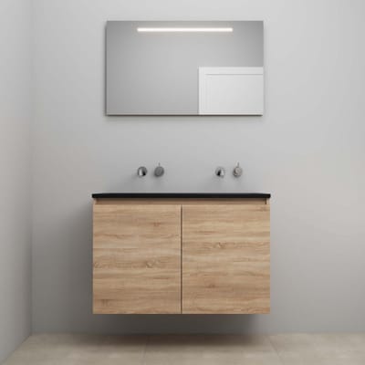 On-Line Badkamermeubelset - 100 cm - Bouwpakket - Greeploze Ladestructuur - Acryl Wastafel - zonder Kraangat - Spiegel met LED-Verlichting - Eiken