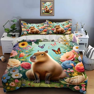 Cartoon Capibara Beddengoed Sets Quilt Bedovertrek Dekbedovertrek Kussensloop 2-3 Stuks Sets Kinderen Volwassenen Slaapkamer Decoratie Cadeaus US Twin173x218cm