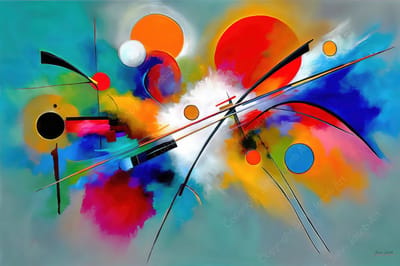 John Joseb Art (Aluminium) 120x80 | Kandinsky stijl, abstract geometrisch, cirkels, strepen, kleurrijk, kunst | rood, geel, blauw, oranje, wit, modern | foto-schilderij op dibond, metaal wanddecoratie