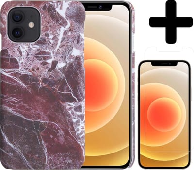 Hoesje Geschikt voor iPhone 12 Mini Hoesje Marmer Case Hard Cover Met Screenprotector - Hoes Geschikt voor iPhone 12 Mini Case Marmer Hoesje Backcover - Rood