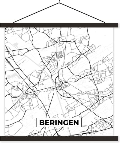 Posterhanger incl. Poster 60x60 cm - Schoolplaat - Zwart Wit – België – Plattegrond – Stadskaart – Kaart – Beringen - Textielposter - Zwarte latten - Stadskaart