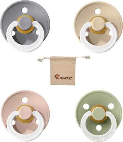 Bibs fopspenen maat 1 0-6 maanden| Set 4 stuks| Glow cloud, Vanilla, blush, Sage + Monkiezz speenzakje