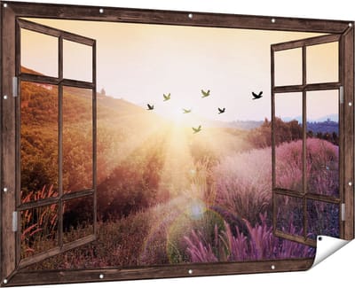 Gards Tuinposter Doorkijk Silhouet Zwerm Vogels bij Zonsondergang - 180x120 cm - Tuindoek - Tuindecoratie - Wanddecoratie buiten - Tuinschilderij