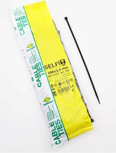 SapiSelco bundelbanden SEL.FIT, L 200 mm, B 3,5 mm, PA 6,6 zwart, trekbelasting 150N, bundel-Ø 55 mm, 100 stuks