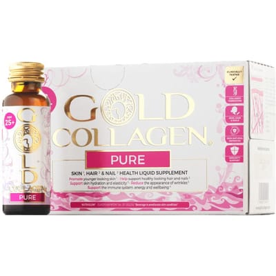 GOLD COLLAGEN® PURE - 5000 mg gehydrolyseerd marien peptiden collageen/50 ml - Type I en III – 11 actieve ingrediënten -Suikervrij -Lekkere smaak -Nr 1 wereldwijd -Europese patenten - 20x snellere absorptie dan poeders - Health boost beauty