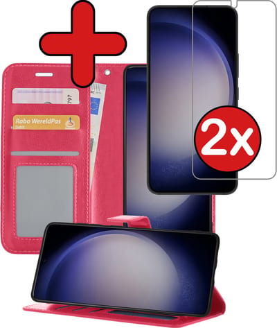 Hoesje - Met 2x Screenprotector - Geschikt voor Samsung Galaxy S23 - Luxe Pasjeshouder - Flip Case - Bookcase Portemonee - Kunstleer Book Case - Flipcase Hoes - Book Cover - Walletcase - Portemonneehoes - Telefoonhoes - Donkerroze