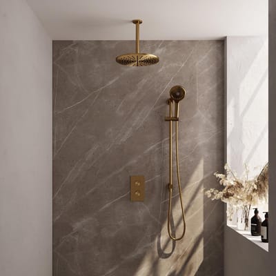 Brauer Gold Edition Thermostatische Regendoucheset Inbouw - Hoofddouche 30 cm - 3 Weg - Handdouche 3 Standen - Doucheslang - Geintegreerde Glijstang - Geborsteld Goud