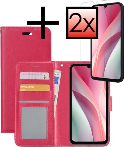 Hoesje - Met 2x Screenprotector - Geschikt voor Samsung Galaxy A15 - Luxe Pasjeshouder - Bookcase Portemonee - Flip Case - Kunstleer Book Case - Flipcase Hoes - Book Cover - Walletcase - Portemonneehoes - Donkerroze