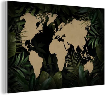 Aluminium schilderij 180x120 cm - Wanddecoratie metaal - Wereldkaart - Bruin - Planten - Metalen muurdecoratie woonkamer - Decoratie industrieel - Foto op dibond - Industriële accessoires slaapkamer