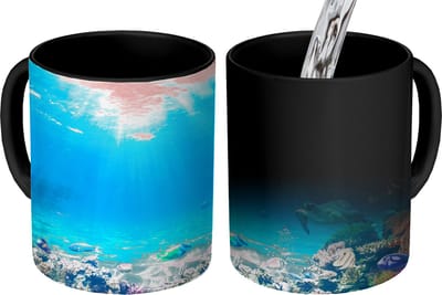Magische Mok - Foto op Warmte Mokken - Koffiemok - Onderwaterwereld - Zeedieren - Water - Zee - Koraal - Blauw - Magic Mok - Beker - 350 ML - Theemok