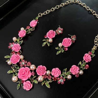 Romantische Roos Bloemen Ketting Armband Oorbellen Sieraden Set Dames Mode Roze Paars Choker Ketting Voor Feest Bruiloft black