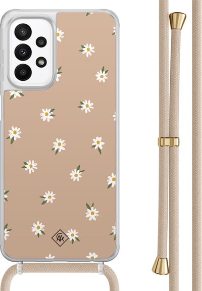 Casimoda® hoesje met beige koord - Geschikt voor Samsung A23 - Sweet Daisies - Afneembaar koord - TPU/acryl - Bruin/beige