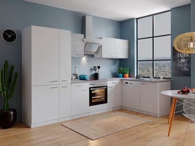 Hoekkeuken 310 cm - complete keuken met apparatuur Malia - Wit/Beton - soft close - keramische kookplaat - vaatwasser - afzuigkap - oven - spoelbak