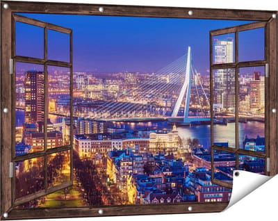 Gards Tuinposter Doorkijk Rotterdamse Skyline met de Erasmusbrug - 120x80 cm - Tuindoek - Tuindecoratie - Wanddecoratie buiten - Tuinschilderij