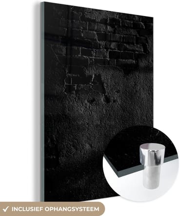 Glasschilderij - Baksteen - Muur - Cement - Zwart - Wit - 120x160 cm - Schilderij glas - Kamerdecoratie