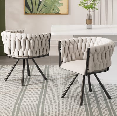 DESMIU Eetkamerstoel 59 x 54 x 72 Cm - Set Van 2 Draaibare Kuipstoelen Met Armleuningen - Voor Eetkamer En Woonkamer - Linnen Beige En Zwart