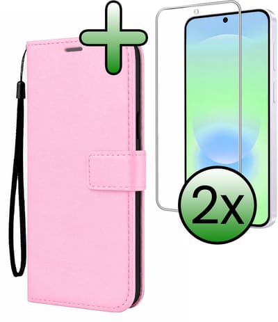 Hoesje Met 2x Screenprotector - Geschikt voor Samsung Galaxy A37 - Luxe Pasjeshouder - Bookcase Portemonee - Flip Case - Kunstleer Book Case - Flipcase Hoes - Book Cover - Walletcase - Portemonneehoes - Lichtroze