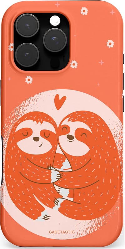 Casetastic hoesje geschikt voor Apple iPhone 16 Pro - MagSafe - Dubbellaagse bescherming - Oranje Pastel Roze Liefdes Koppel Luiaard - Fashion Case - Terracotta Zand