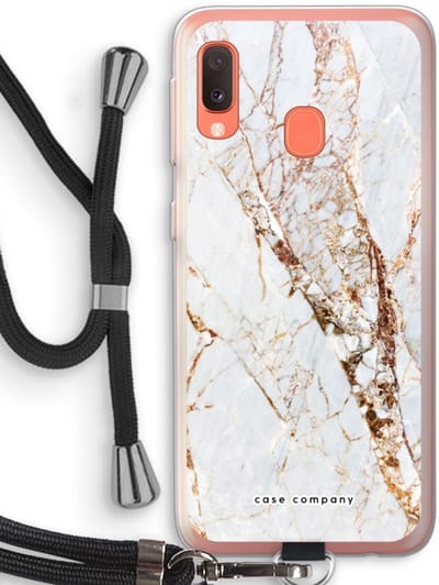 Case Company® - Hoesje met koord geschikt voor Samsung Galaxy A20e hoesje met Koord - Goud marmer - Telefoonhoesje met Zwart Koord - Bescherming aan alle Kanten en Over de Schermrand