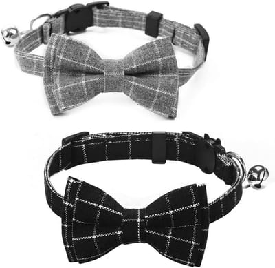 2 stuks kattenhalsband Breakaway, kattenhalsband met klokken, strik, plaid, verstelbaar, voor kittens, puppy's en kleine huisdieren, zwart en grijs geruit