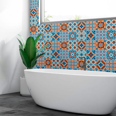 Zelfklevende tegelmuurstickers voor keuken en badkamer - 60 cementtegelstickers, Azulejos Alemina - 60 stickers, 15x15cm