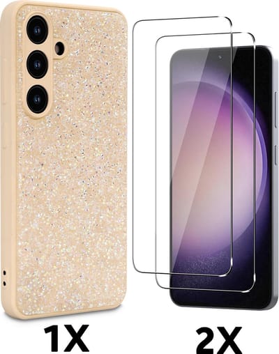 Casemania Hoesje & Glas Geschikt voor Samsung Galaxy S25 - Goud - Diamant Glitter Back Cover & 2x Glazen Screenprotector