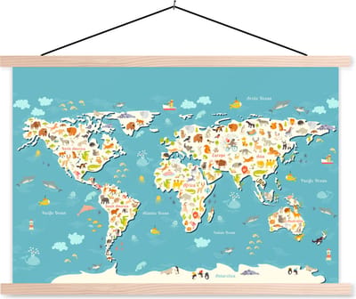 Kinder wereldkaart zoekplaatje schoolplaat platte latten blank 150x100 cm - Foto print op textielposter (wanddecoratie woonkamer/slaapkamer)