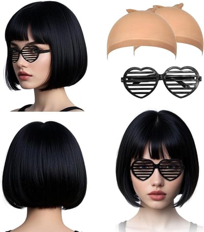 Zwarte Rechte Bob Perucas met Rechte Pony voor Vrouwen – Perfect voor Dagelijks Gebruik, Carnaval en Cosplay, 4 Stuks