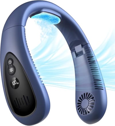Nekventilator, draagbare nekventilator met koelplaat en 360° verkoelende luchtstroom, 5000 mAh oplaadbare USB-ventilator, handsfree, bladloos, draagbaar, opvouwbaar, mini-ventilator voor mannen en vrouwen, thuis, op kantoor en buiten（Blauw）