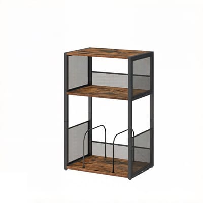 Opbergrek Bijzettafel Platenspeler Rek Compact Ontwerp Ruimtebesparend 3-Lagen Grote Opslag Gaasontwerp Voorkomt Vallen Eenvoudig te Monteren en Schoon te Maken Geschikt voor Woonkamer en Slaapkamer 30x43x69 cm Bruin+Zwart